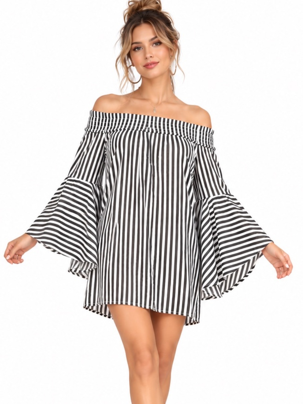 New York Company Y2K off Shoulder Striped Bell Sleeve Shift Dress Black White S